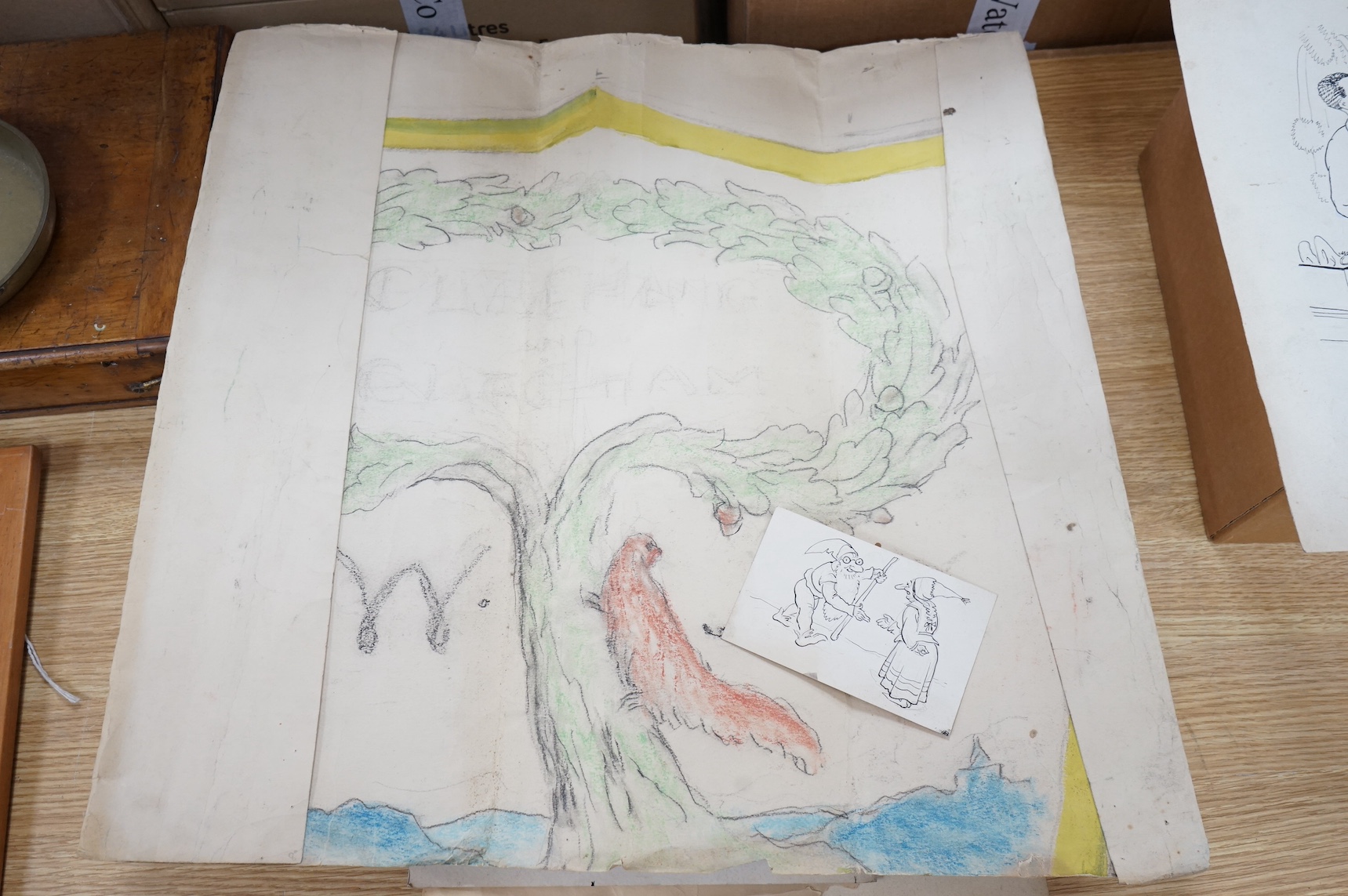 A folio of cartoons, caricatures, cartoons and opera house designs, mostly by Edwin Morrow (Irish) and Norman Morrow, to include 'Caution Weir here', 'The Sublime Good Deed' and 'Bluff at the Garrick', with a collection